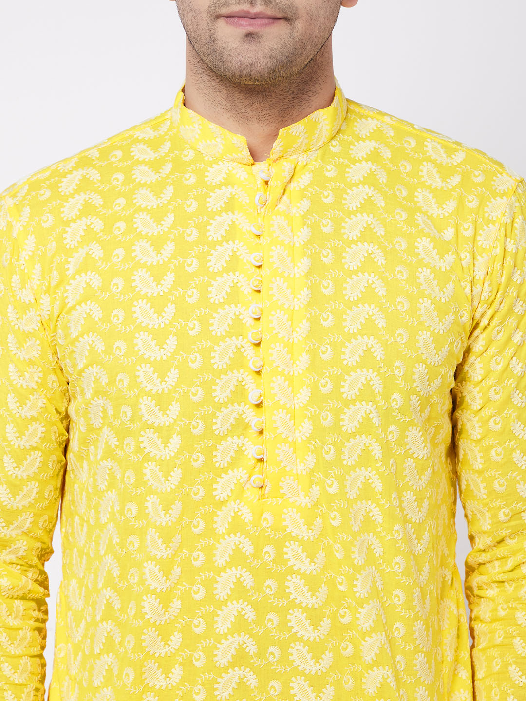 VASTRAMAY Mustard Pure Cotton Chikankari Kurta Baap Beta Set