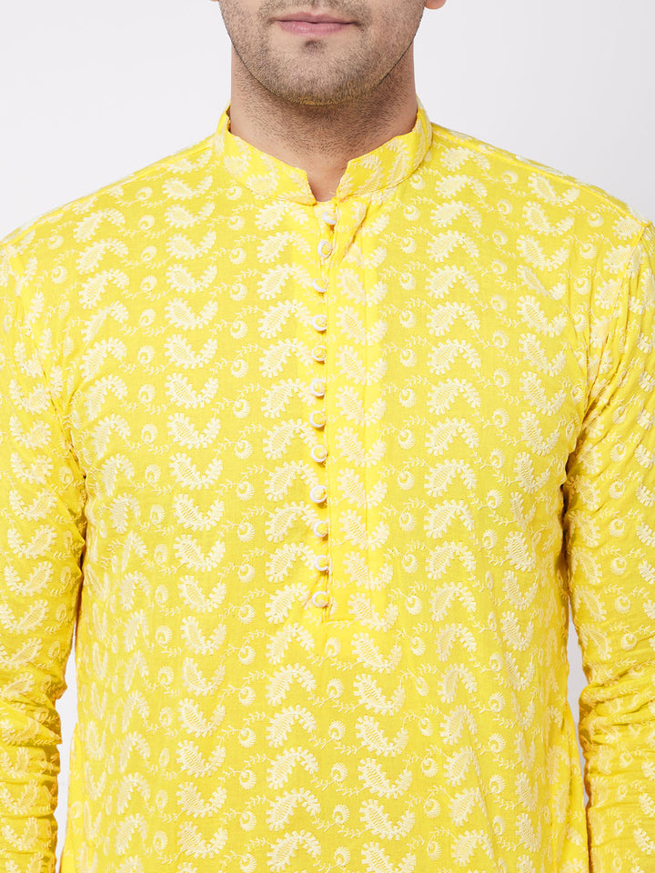 VASTRAMAY Mustard Pure Cotton Chikankari Kurta Baap Beta Set