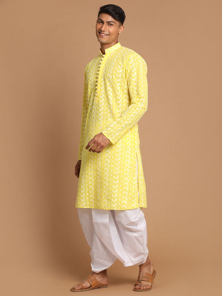 VASTRAMAY Men's Mustard Pure Cotton Chikankari Kurta With Dhoti set