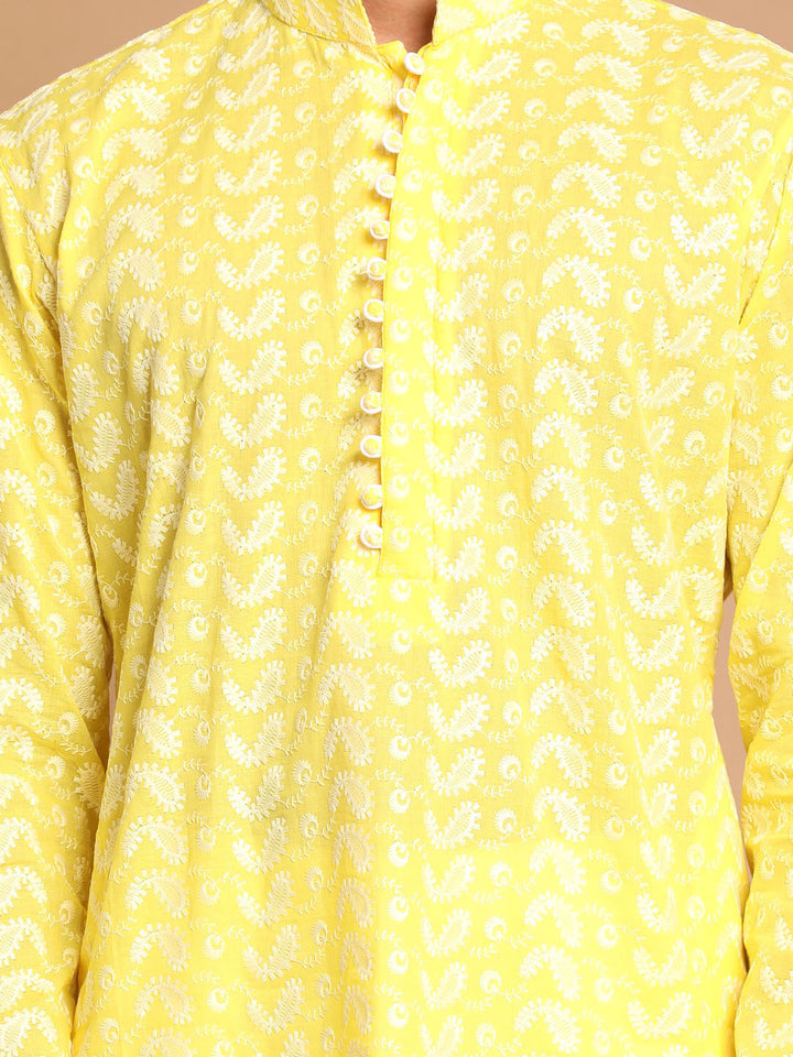 VASTRAMAY Mustard Pure Cotton Chikankari Kurta Pyjama Baap Beta