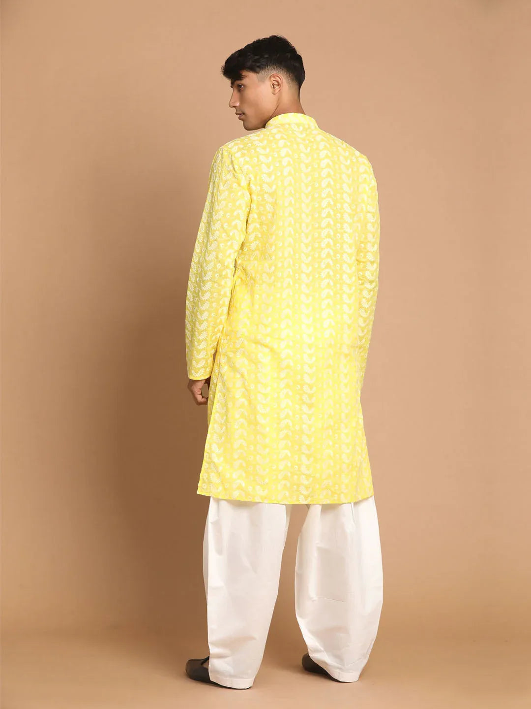 Men's Mustard Pure Cotton Chikankari Kurta With Patiala Set