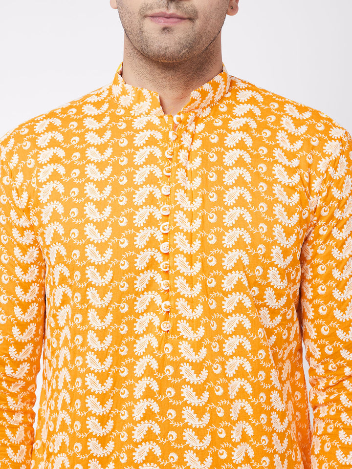 VASTRAMAY Orange Pure Cotton Chikankari Kurta Baap Beta Set