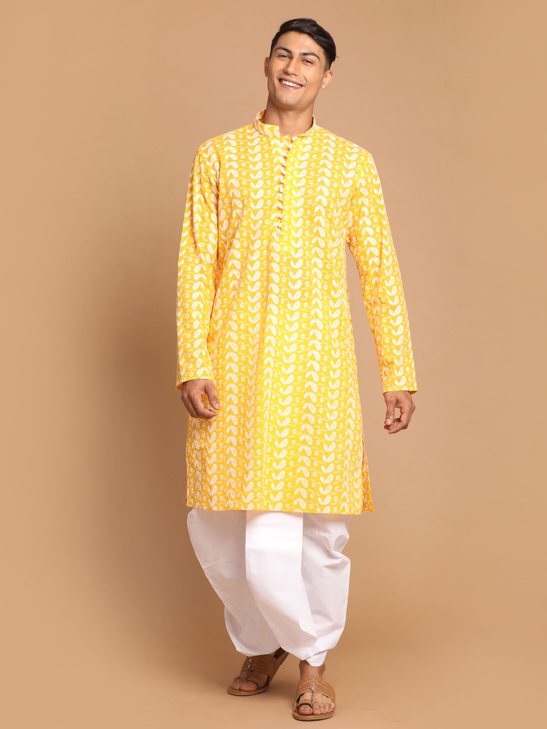 VASTRAMAY Men's Orange Pure Cotton Chikankari Kurta With Dhoti set