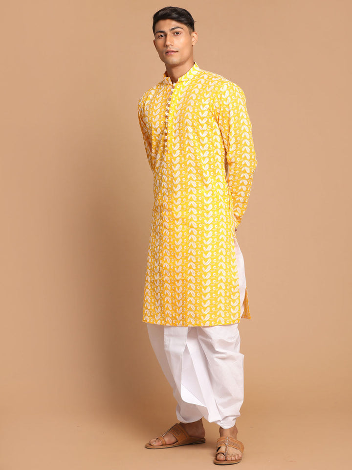 VASTRAMAY Men's Orange Pure Cotton Chikankari Kurta With Dhoti set