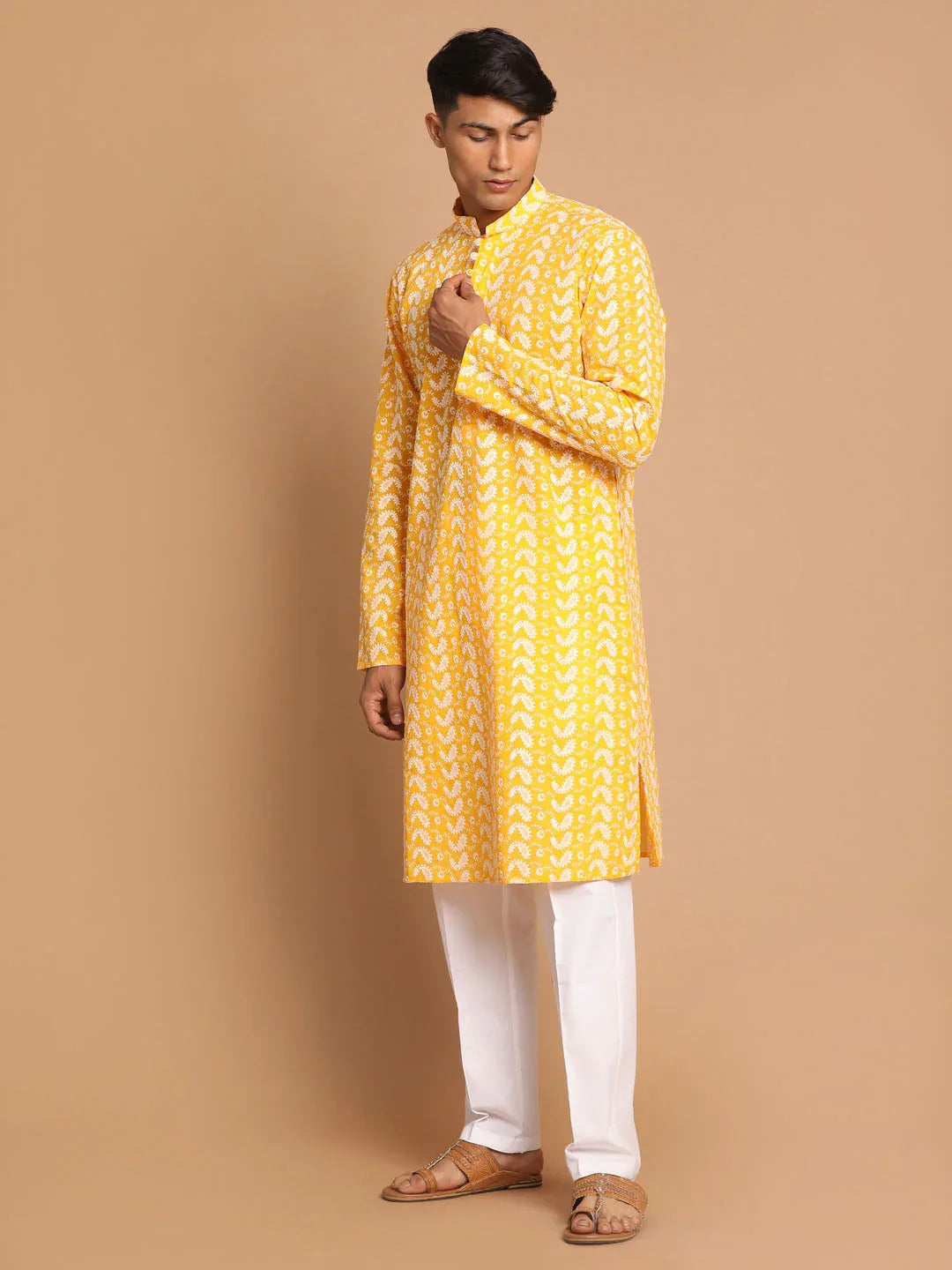 Men's Orange Pure Cotton Chikankari Kurta With Pant Set