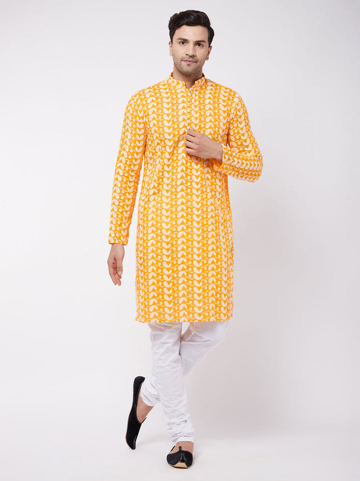 VASTRAMAY Men's Orange Pure Cotton Chikankari Kurta Pyjama Set