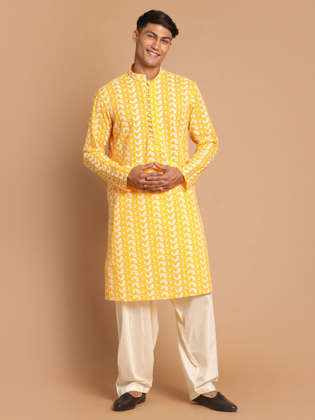 VASTRAMAY Men's Orange Pure Cotton Chikankari Kurta With Patiala set