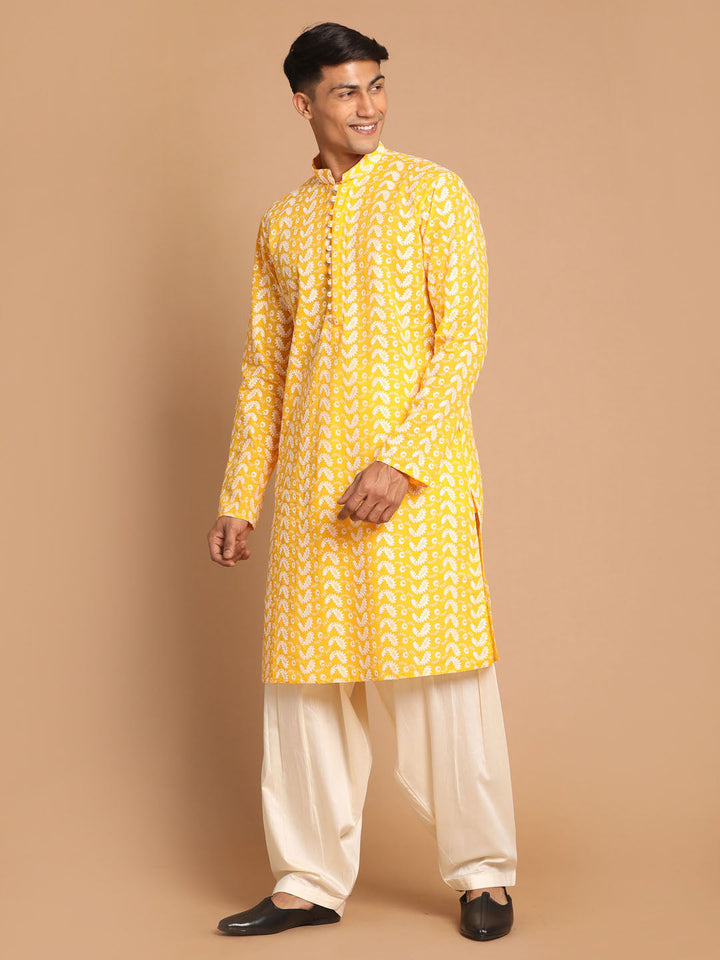 VASTRAMAY Men's Orange Pure Cotton Chikankari Kurta With Patiala set