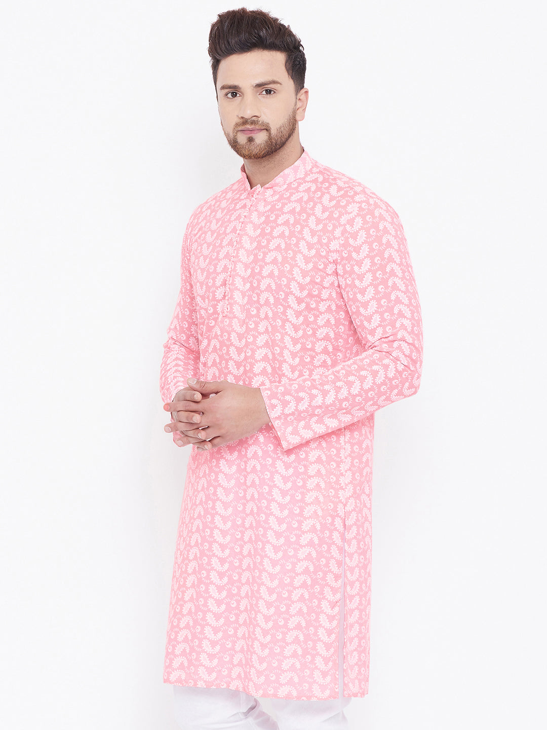 VASTRAMAY Men's Pink Pure Cotton Chikankari Kurta