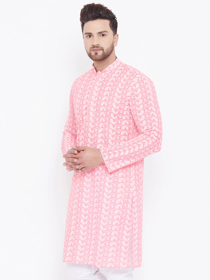 VASTRAMAY Men's Pink Pure Cotton Chikankari Kurta