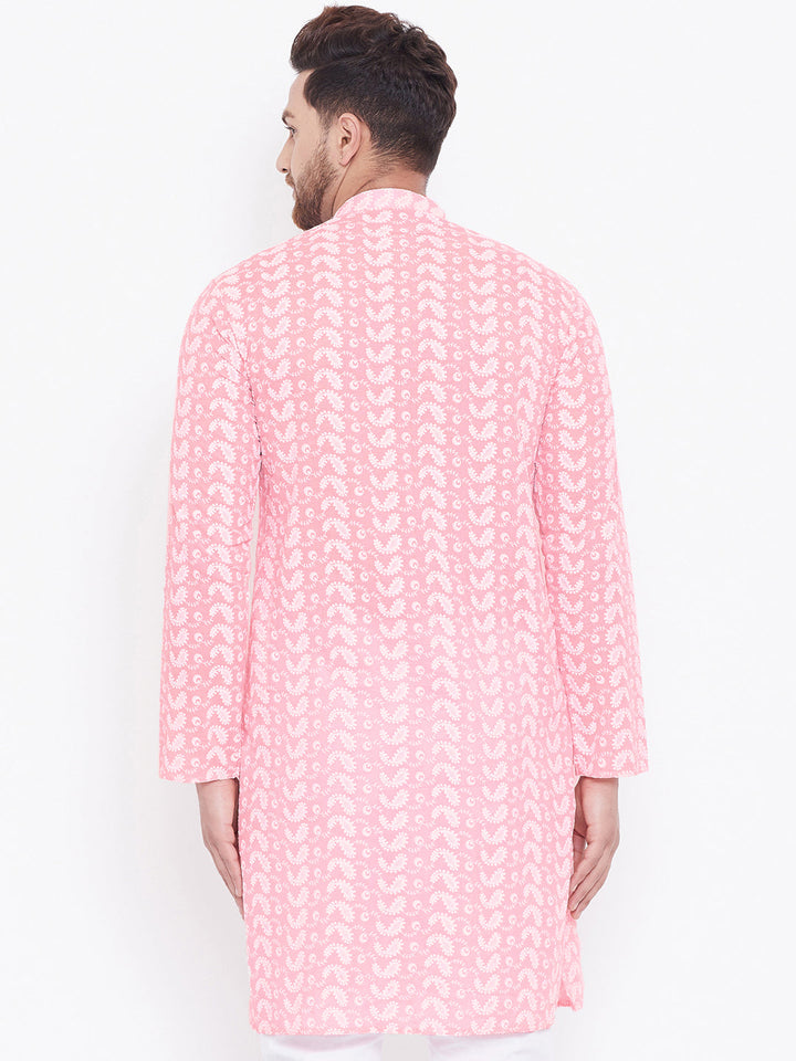 VASTRAMAY Men's Pink Pure Cotton Chikankari Kurta