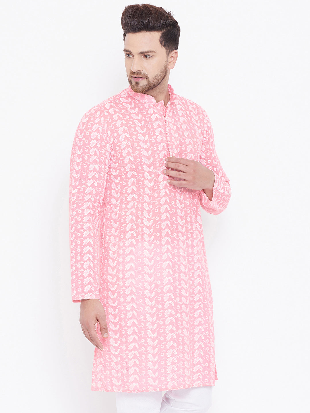 VASTRAMAY Pink Pure Cotton Chikankari Kurta Blend Baap Beta Set