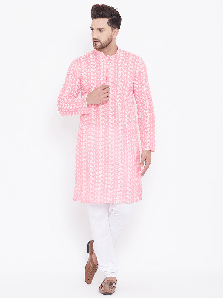 VASTRAMAY Men's Pink Pure Cotton Chikankari Kurta