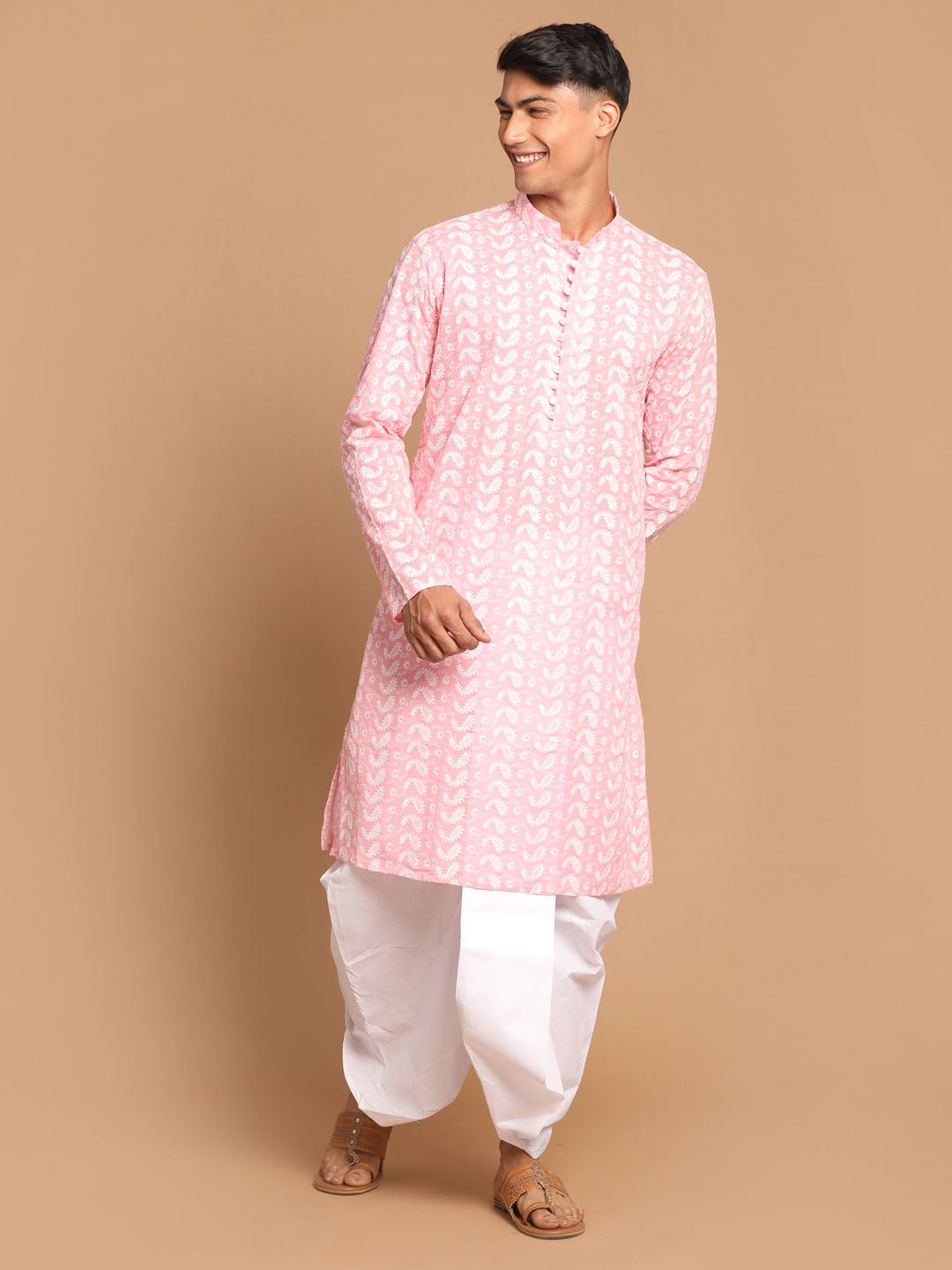 VASTRAMAY Men's Pink Pure Cotton Chikankari Kurta With Dhoti set