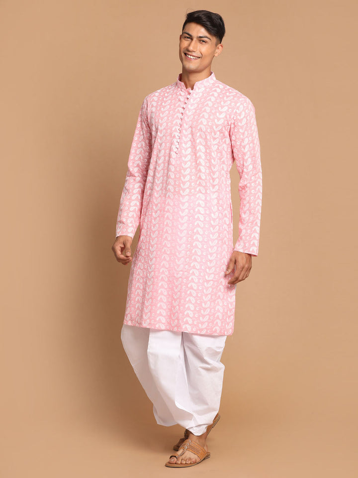 VASTRAMAY Men's Pink Pure Cotton Chikankari Kurta With Dhoti set