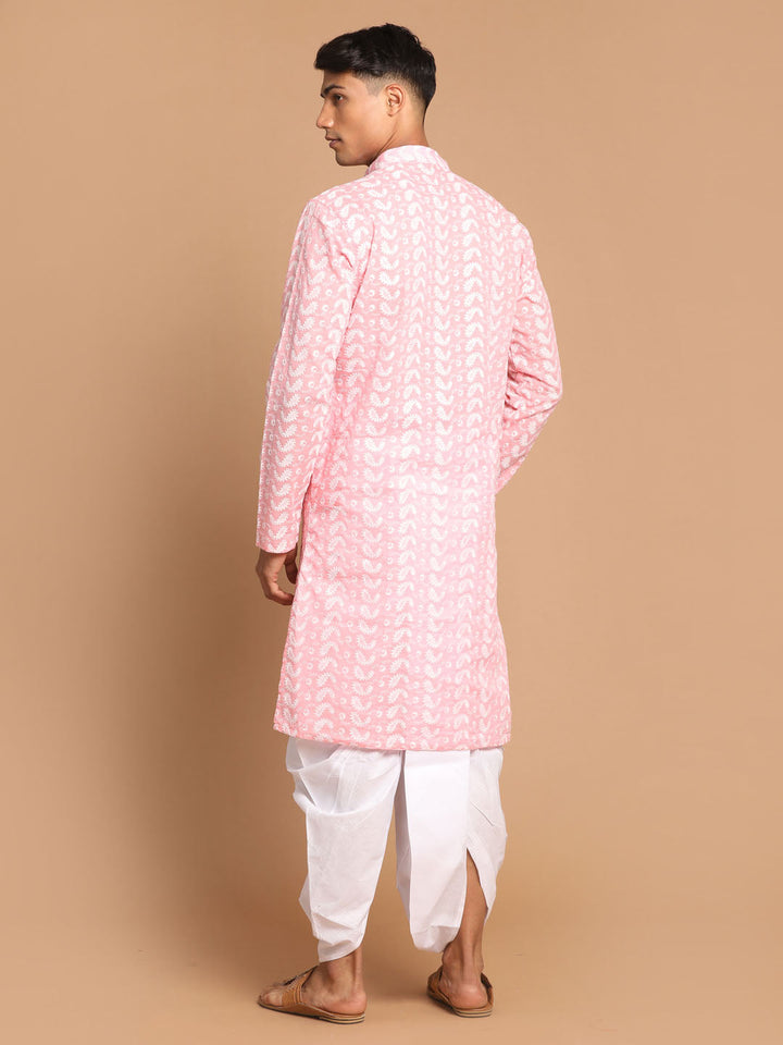 VASTRAMAY Men's Pink Pure Cotton Chikankari Kurta With Dhoti set