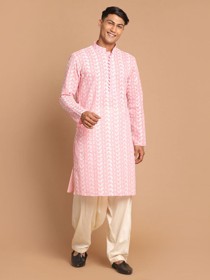 VASTRAMAY Men's Pink Pure Cotton Chikankari Kurta With Patiala set