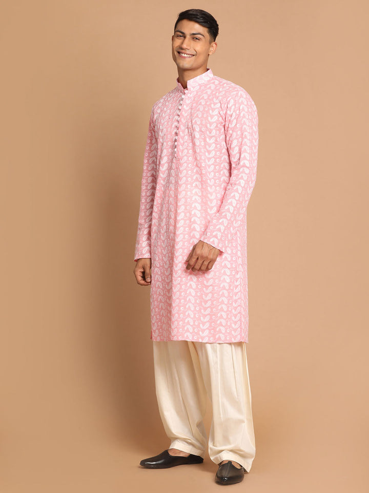 VASTRAMAY Men's Pink Pure Cotton Chikankari Kurta With Patiala set