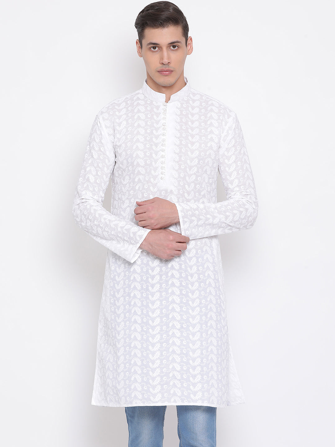 VASTRAMAY White Pure Cotton Chikankari Kurta Baap Beta Set