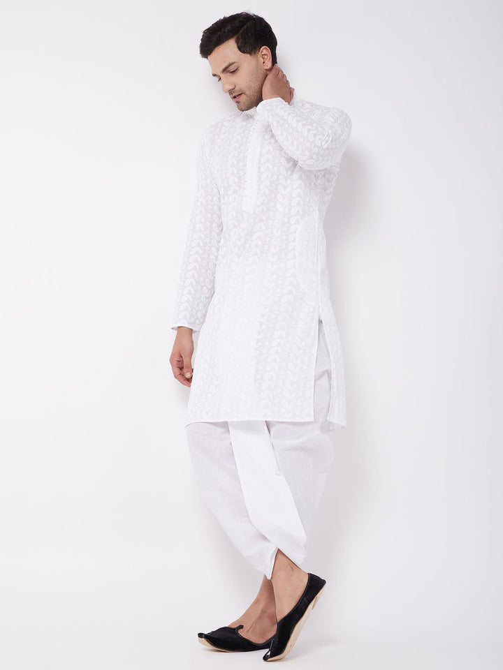 VASTRAMAY Men's White Pure Cotton Chikankari Kurta With Dhoti Set