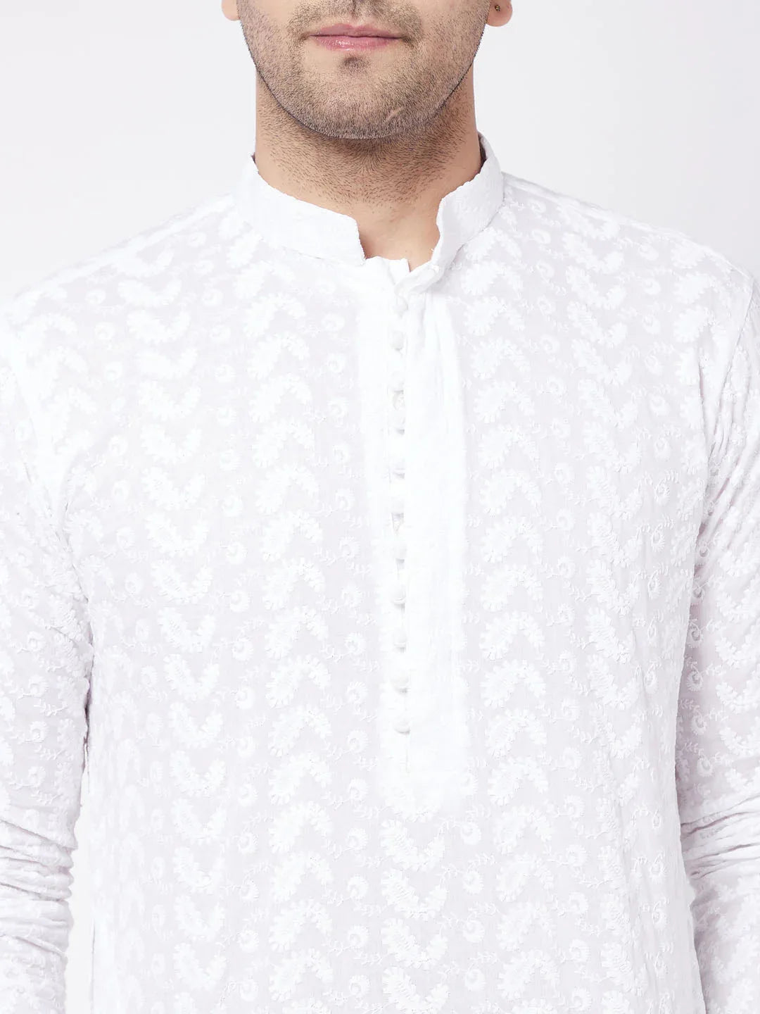Men's White Pure Cotton Chikankari Kurta With Pant Set