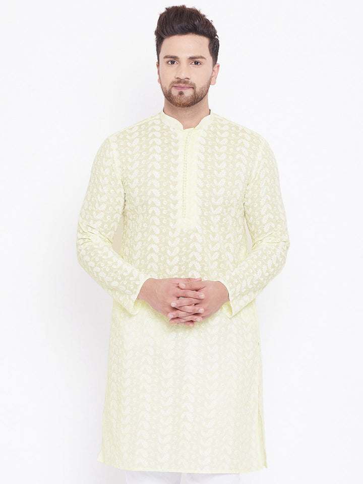 VASTRAMAY Men's Yellow Pure Cotton Chikankari Kurta