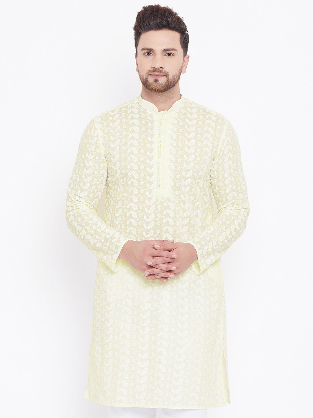 VASTRAMAY Yellow Pure Cotton Chikankari Kurta Baap Beta Set