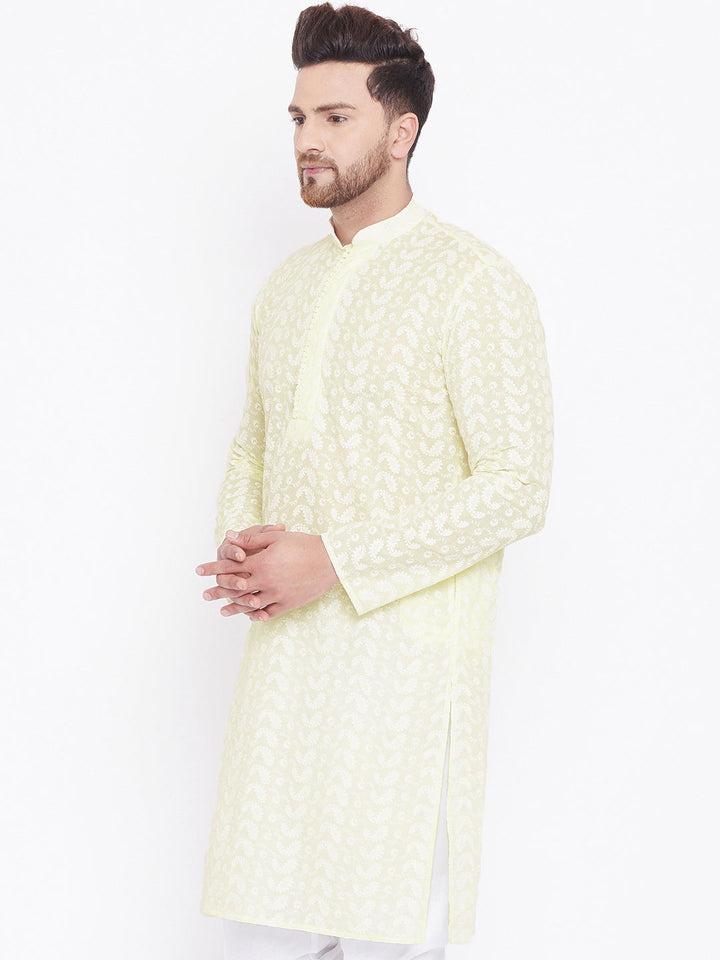 VASTRAMAY Men's Yellow Pure Cotton Chikankari Kurta