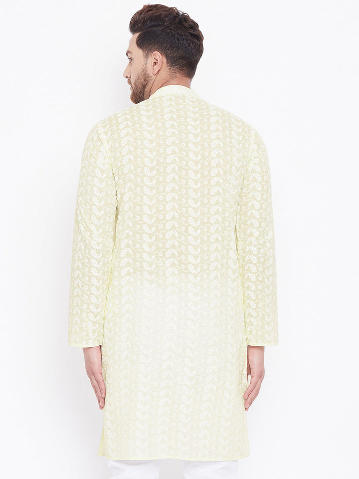 VASTRAMAY Men's Yellow Pure Cotton Chikankari Kurta