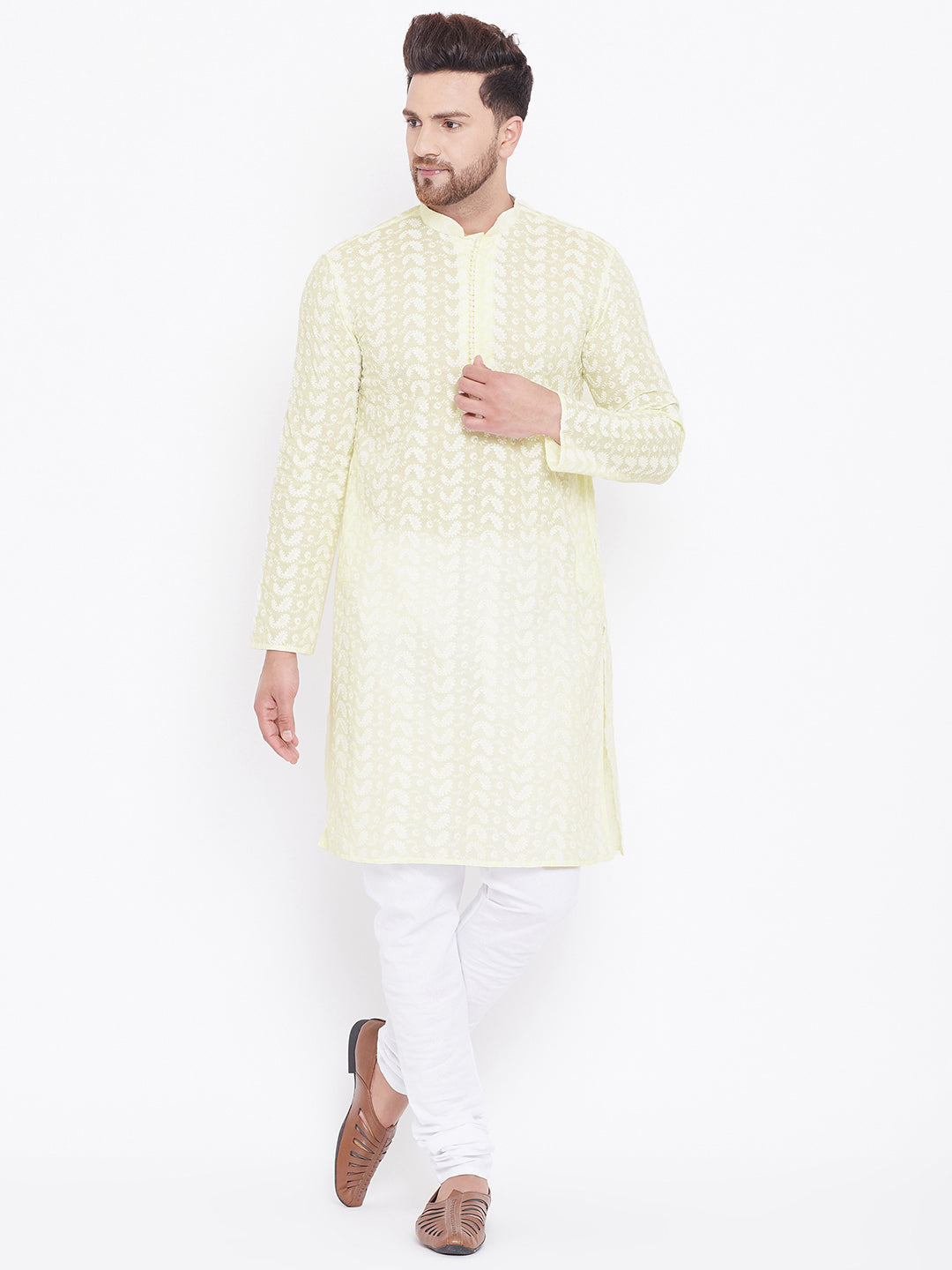 VASTRAMAY Men's Yellow Pure Cotton Chikankari Kurta