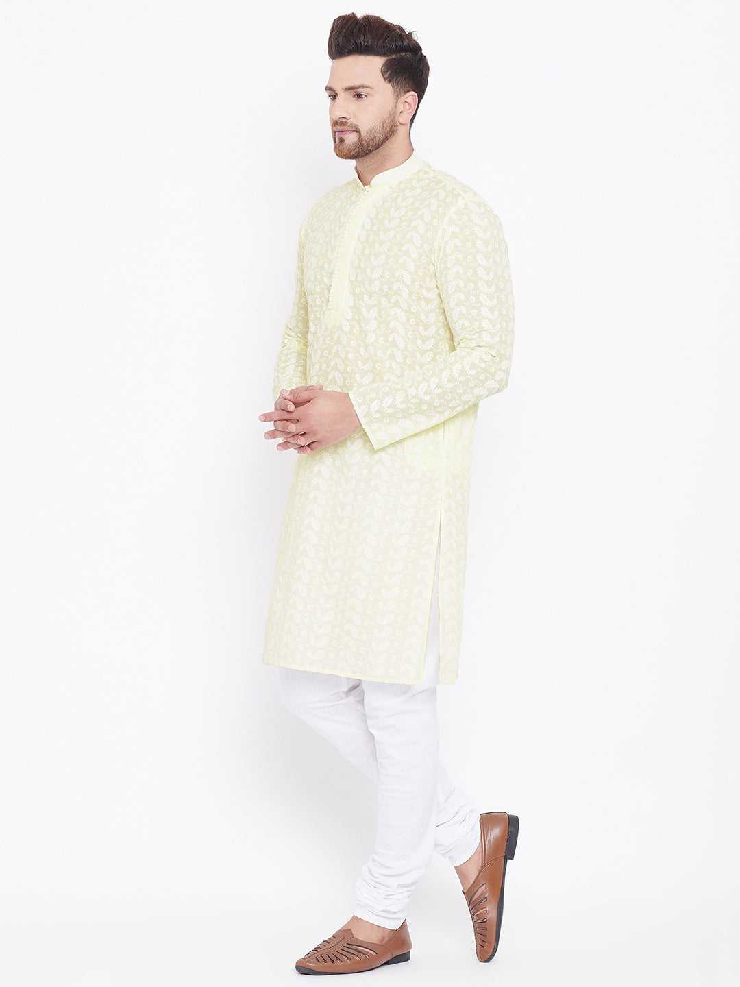 VASTRAMAY Yellow Pure Cotton Chikankari Kurta Pyjama Set