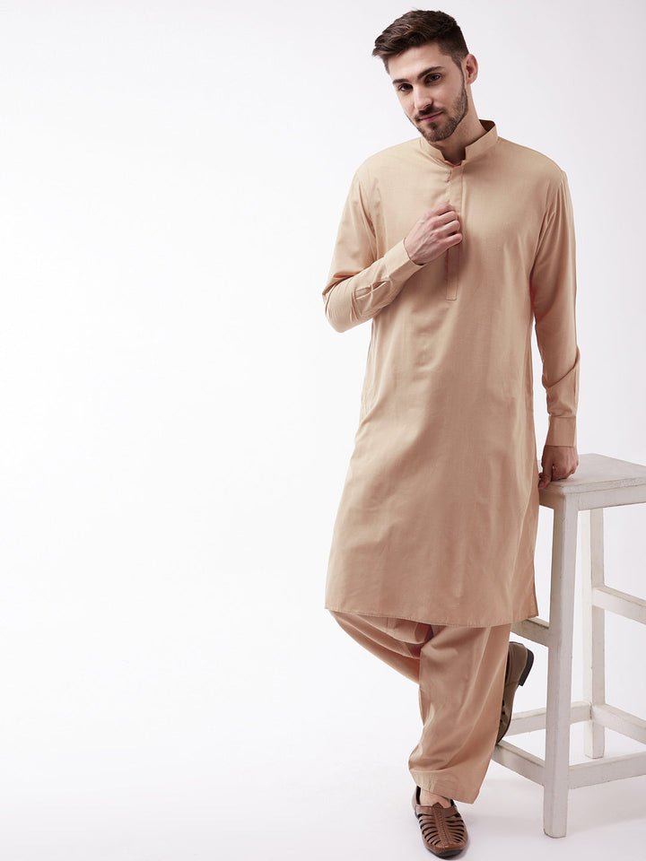 VM BY VASTRAMAY Men's Chiku Cotton Blend Kurta and Pyjama Set