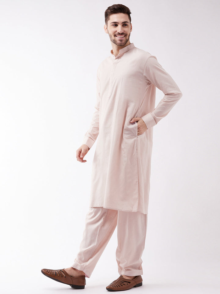 VM BY VASTRAMAY Men's Cream Cotton Blend Kurta and Pyjama Set