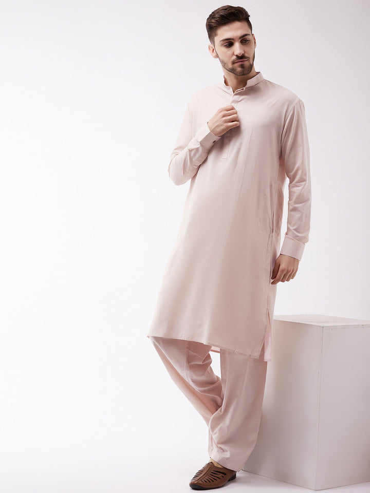 VM BY VASTRAMAY Men's Cream Cotton Blend Kurta and Pyjama Set