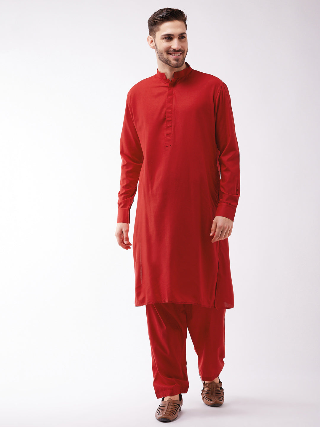 VM BY VASTRAMAY Men's Maroon Cotton Blend Kurta and Pyjama Set