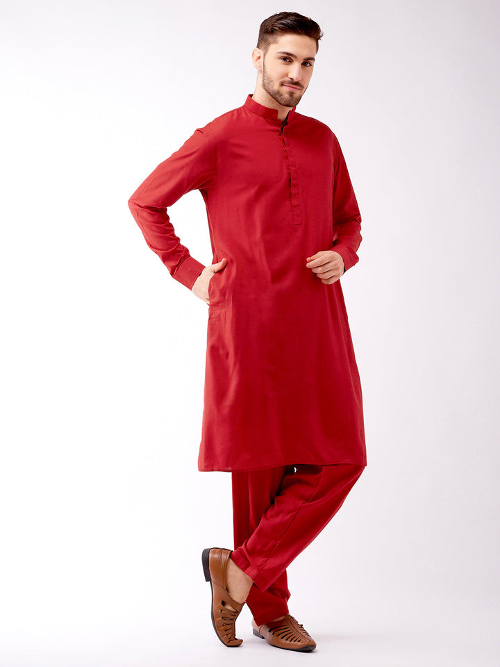 VM BY VASTRAMAY Men's Maroon Cotton Blend Kurta and Pyjama Set