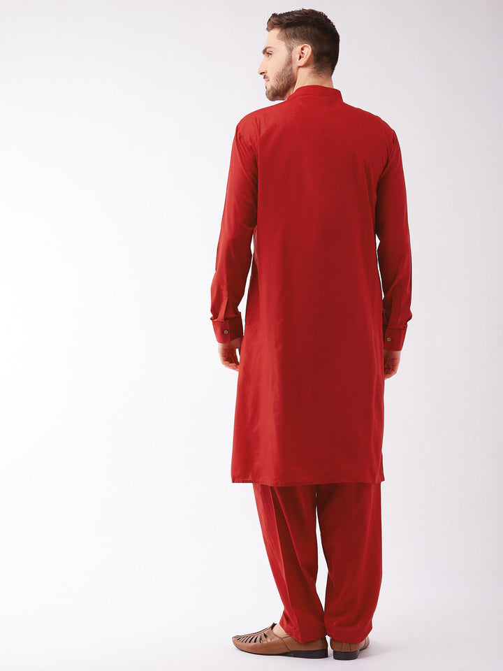 VM BY VASTRAMAY Men's Maroon Cotton Blend Kurta and Pyjama Set