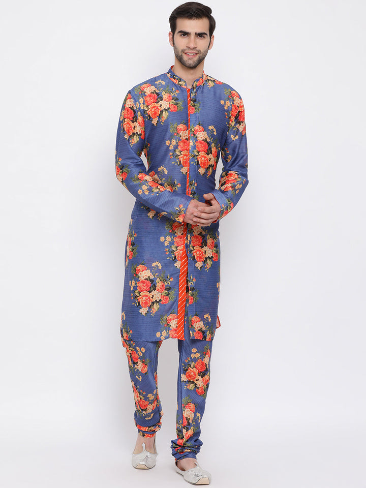 Vastramay Multicolor-Base-Blue Cotton Blend Baap Beta Kurta Pyjama set