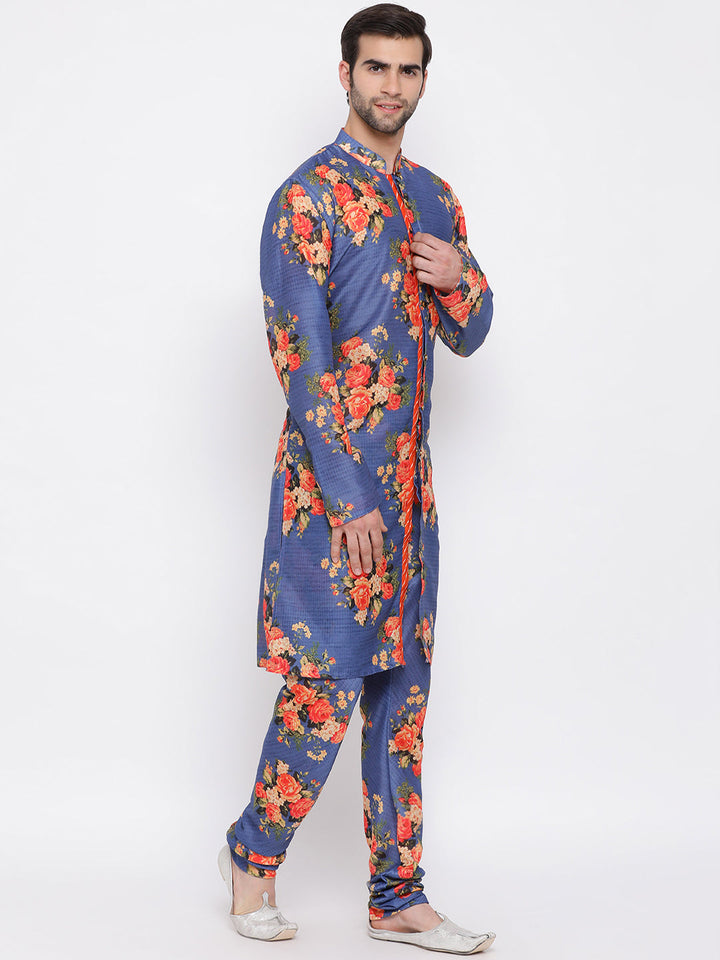 VASTRAMAY Blue Floral Printed Kurta Pyjama Set With Leharia Border