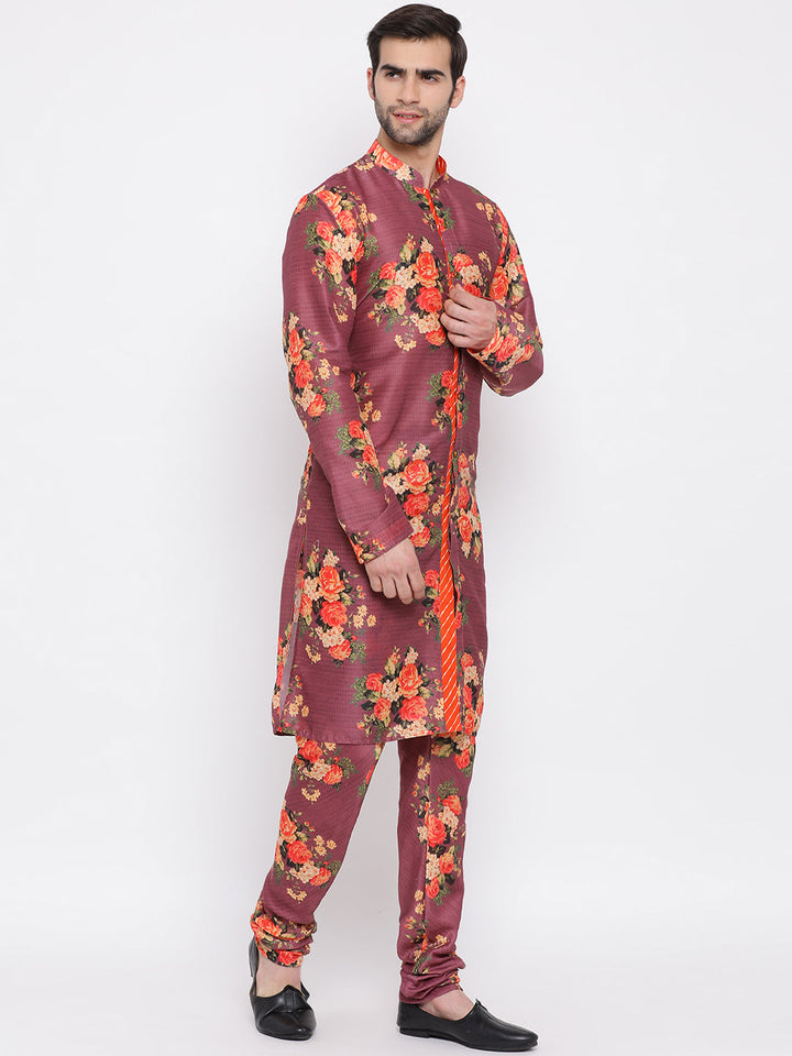 Vastramay Multicolor-Base-Wine Cotton Blend Baap Beta Kurta Pyjama set