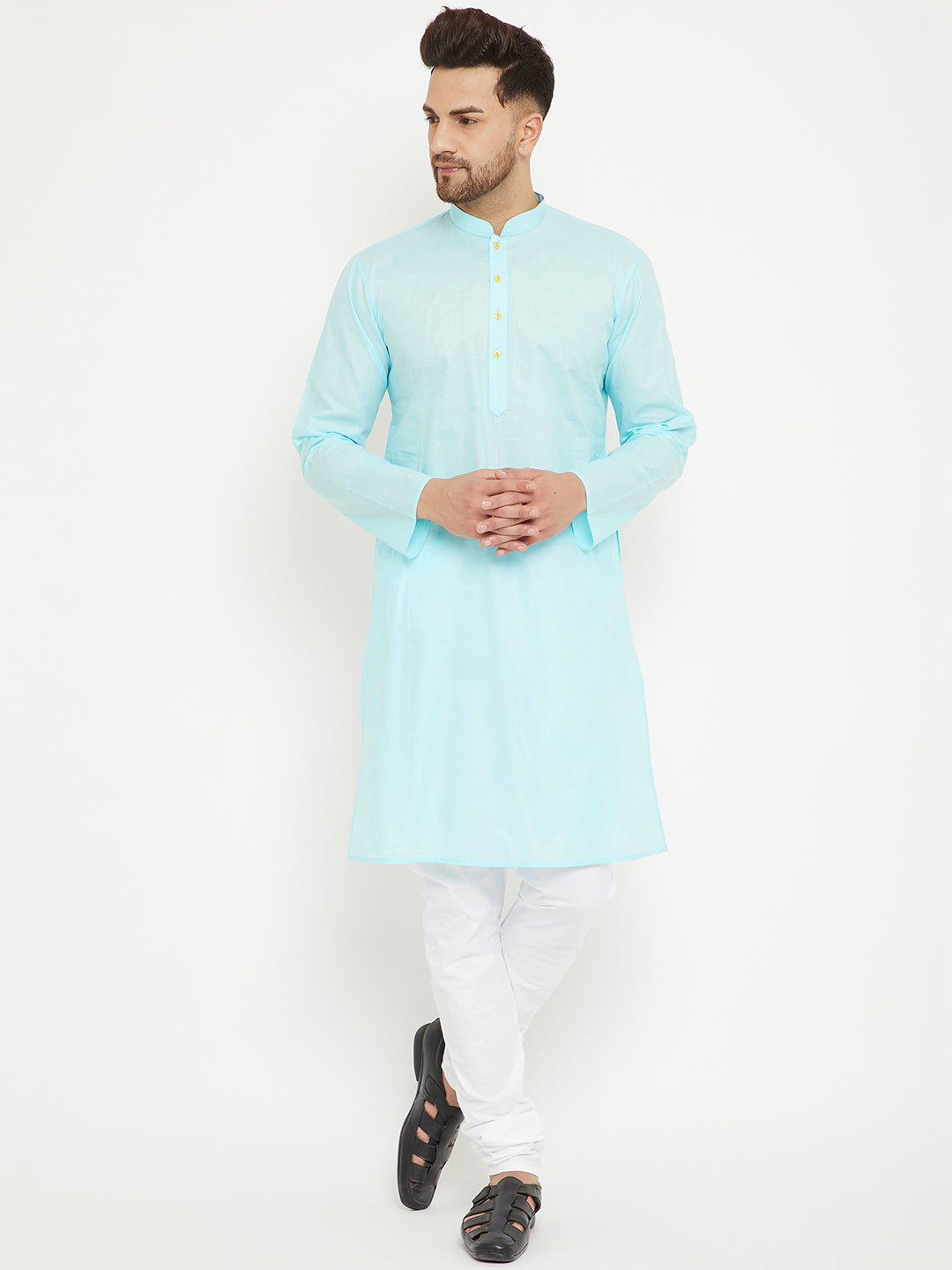 VM BY VASTRAMAY Men's Aqua And White Cotton Kurta Churidar Set