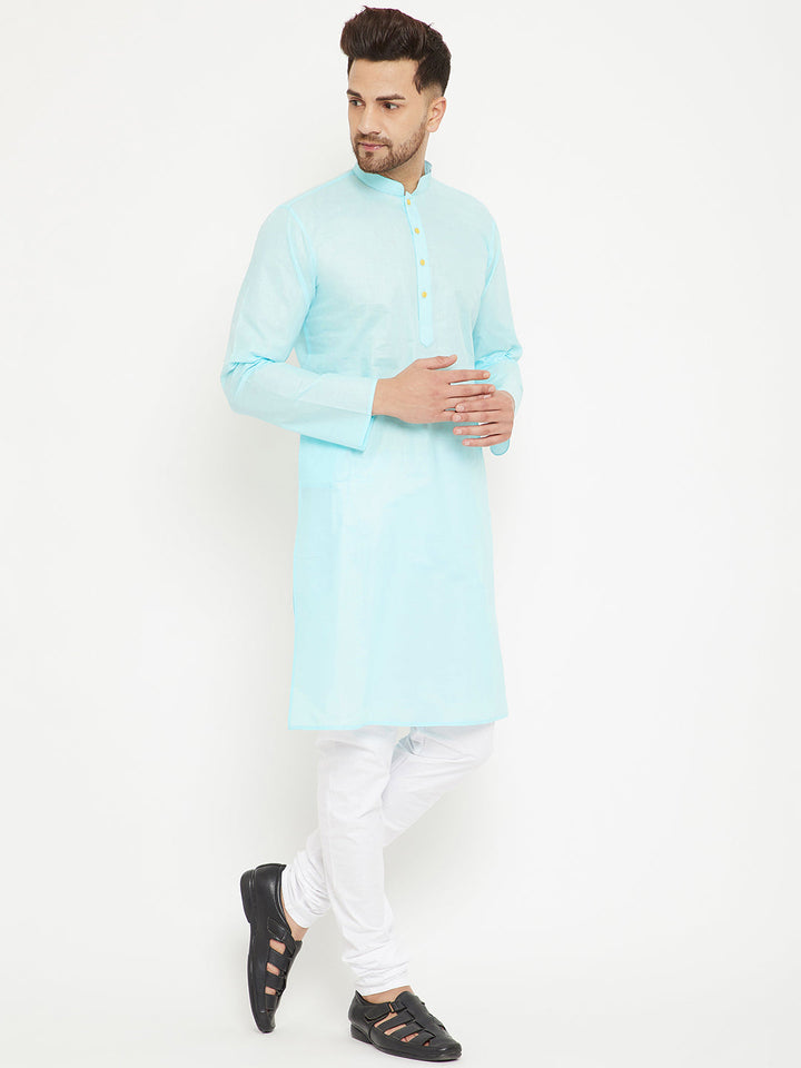 VM BY VASTRAMAY Men's Aqua And White Cotton Kurta Churidar Set