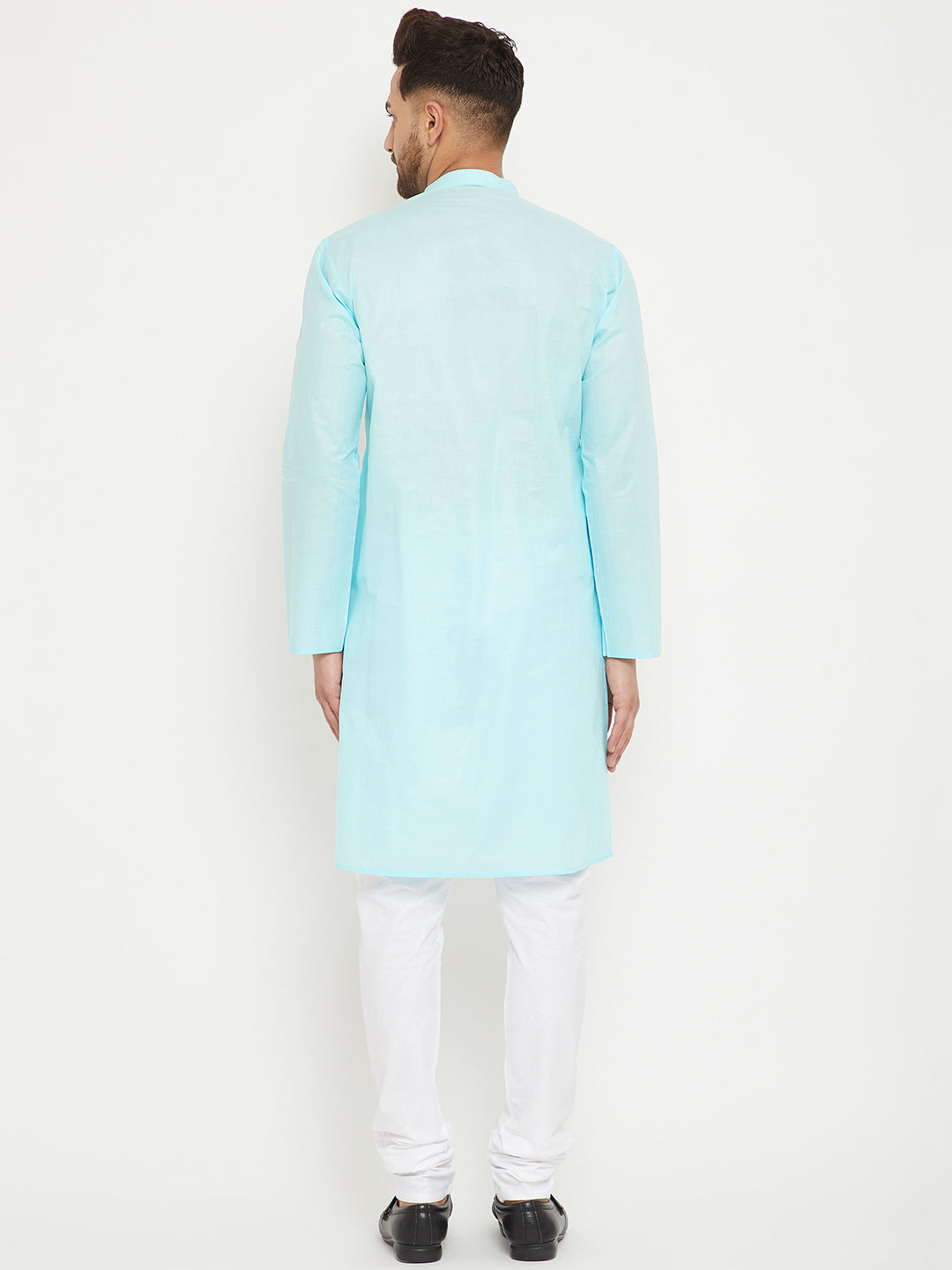 VM BY VASTRAMAY Men's Aqua And White Cotton Kurta Churidar Set