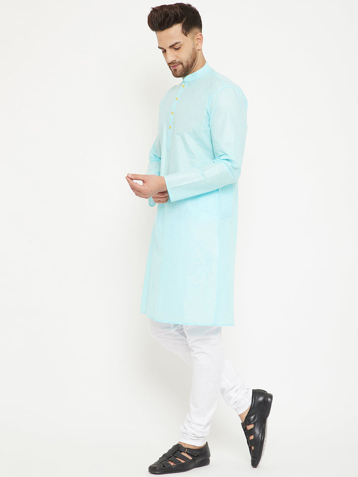 VM BY VASTRAMAY Men's Aqua And White Cotton Kurta Churidar Set