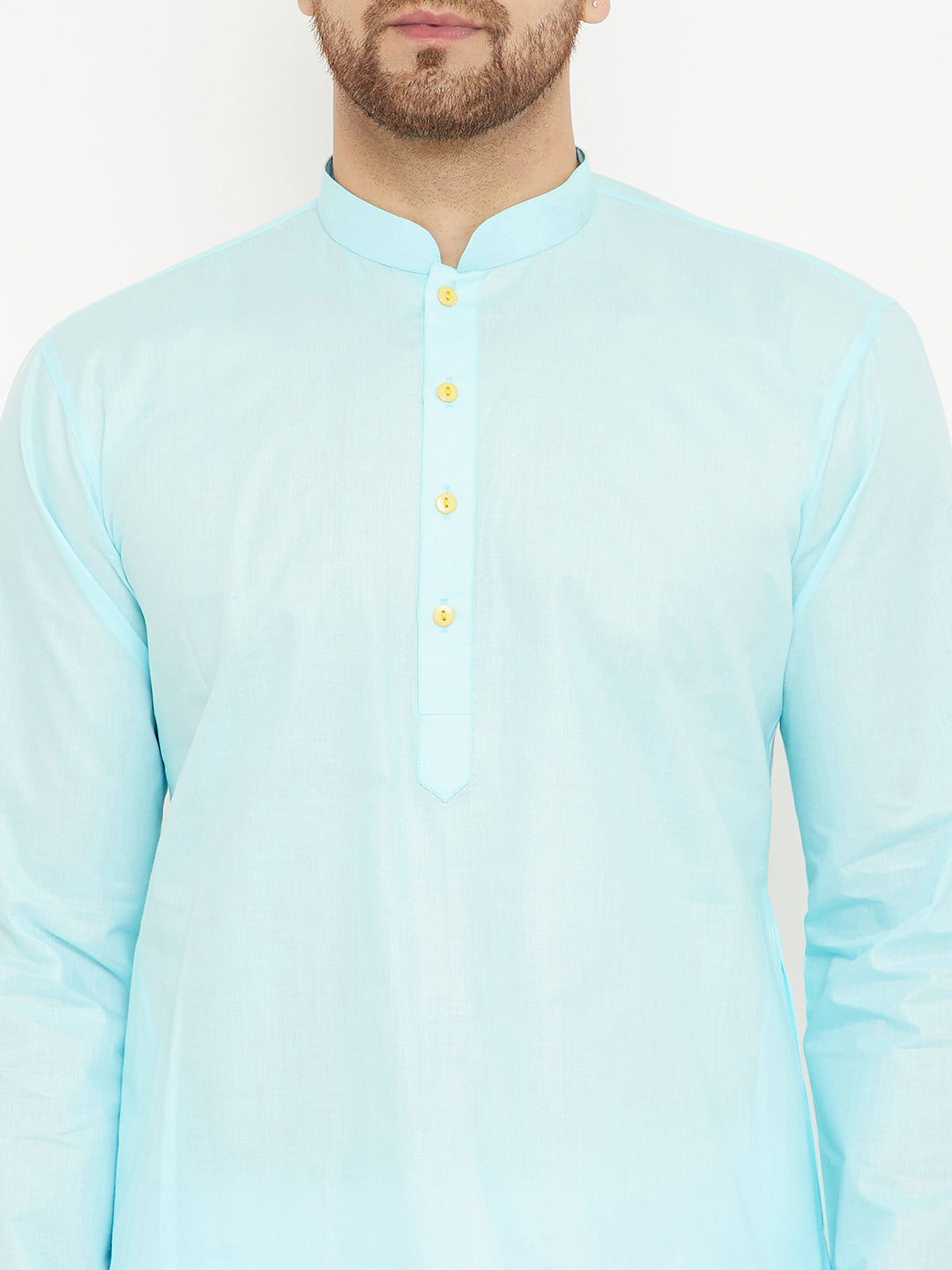 VM BY VASTRAMAY Men's Aqua And White Cotton Kurta Churidar Set