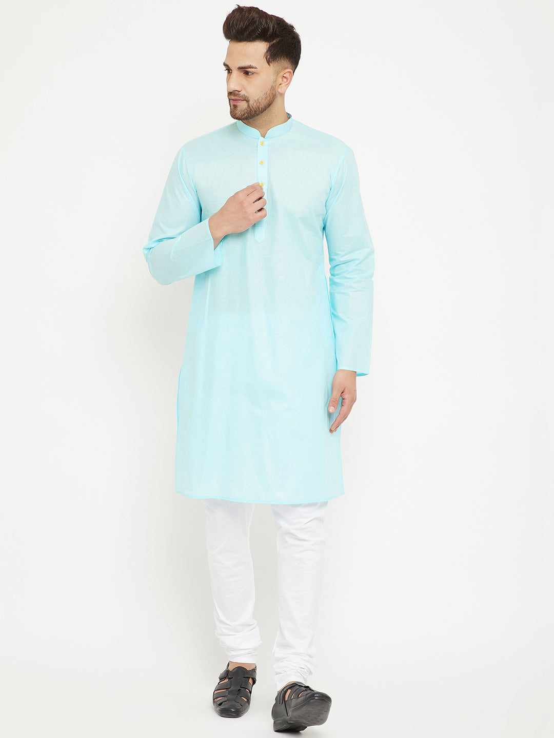 VM BY VASTRAMAY Men's Aqua And White Cotton Kurta Churidar Set