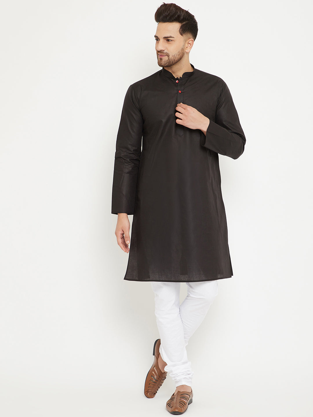 VM BY VASTRAMAY Men's Black And White Cotton Kurta Churidar Set