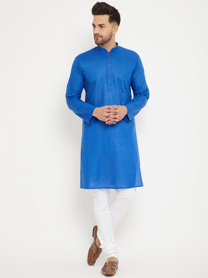 VM BY VASTRAMAY Men's Blue And White Cotton Kurta Churidar Set