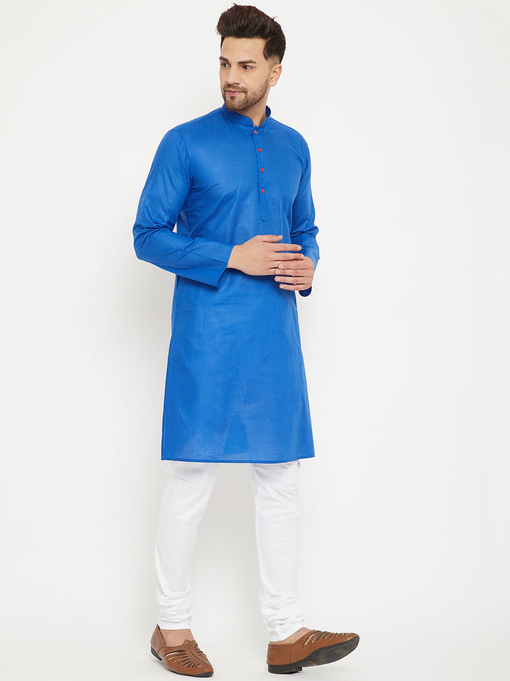 VM BY VASTRAMAY Men's Blue And White Cotton Kurta Churidar Set