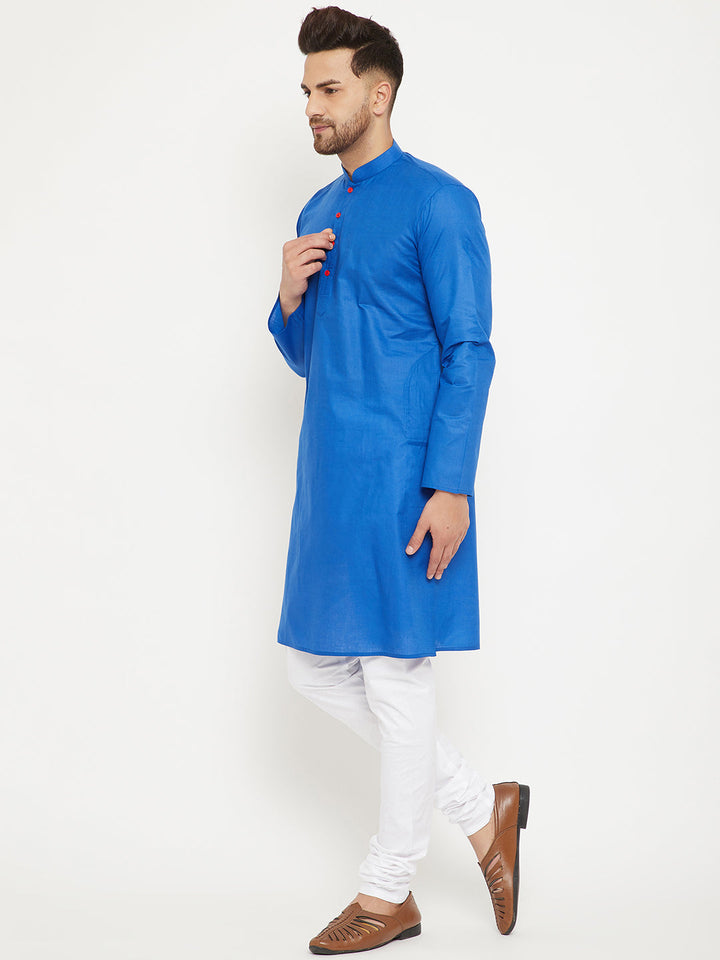 VM BY VASTRAMAY Men's Blue And White Cotton Kurta Churidar Set